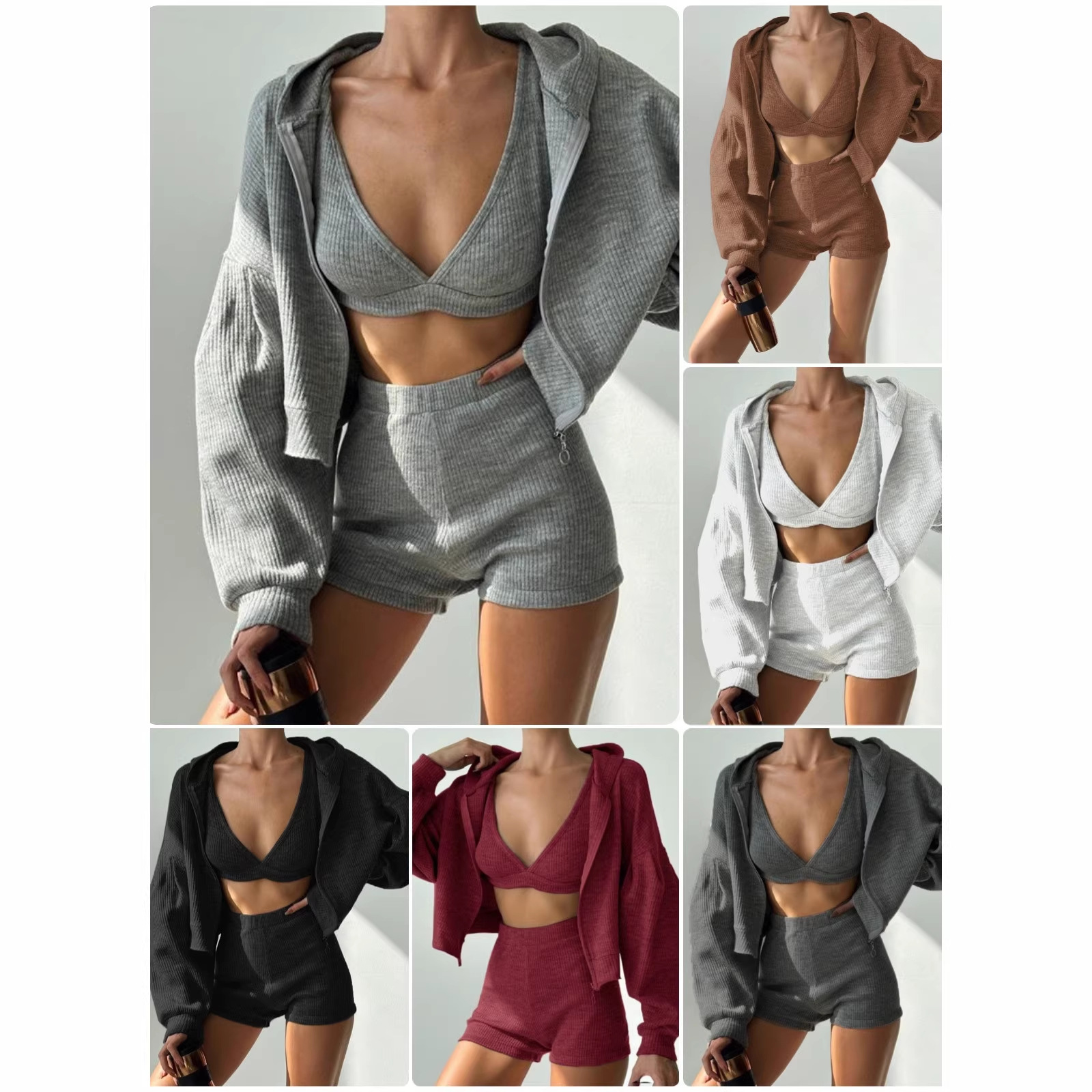 Women's Zip-Up Hooded 3-Piece Lounge Set Cropped Top