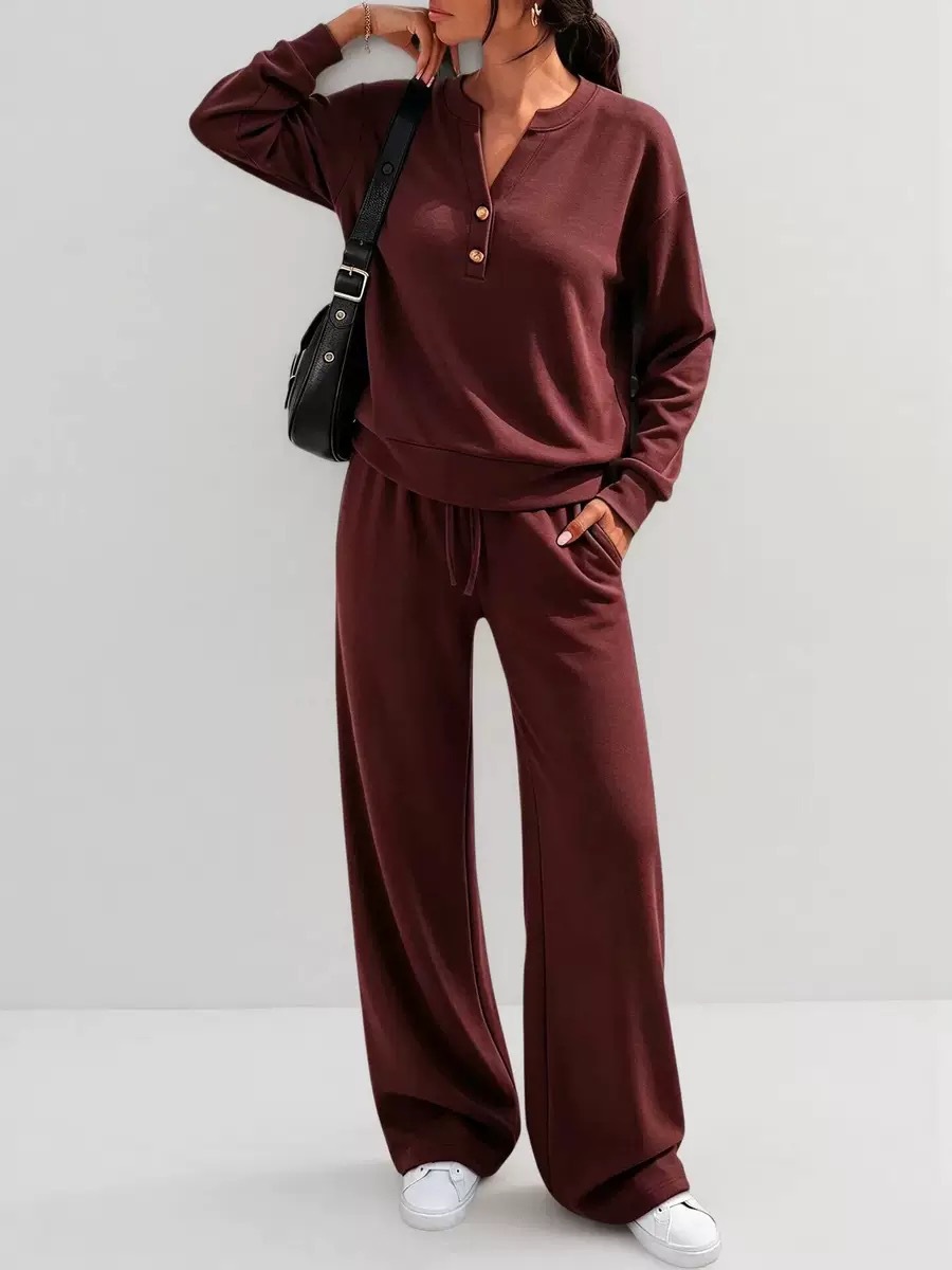 Women's Loose Long Sleeve Top & Wide Leg Pants Two-Piece Set