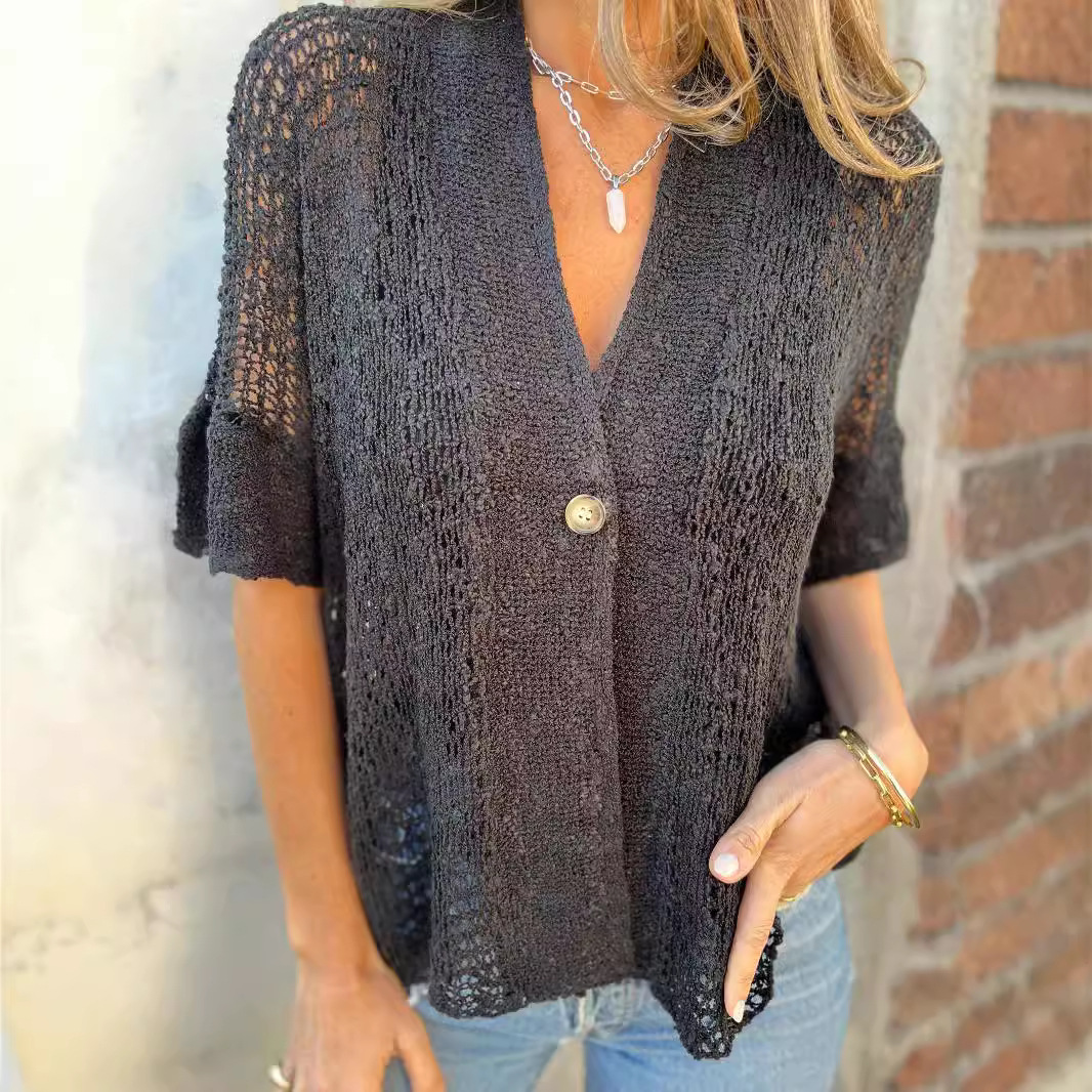 Women's One-Button Hollow-Out Knit Cardigan Top