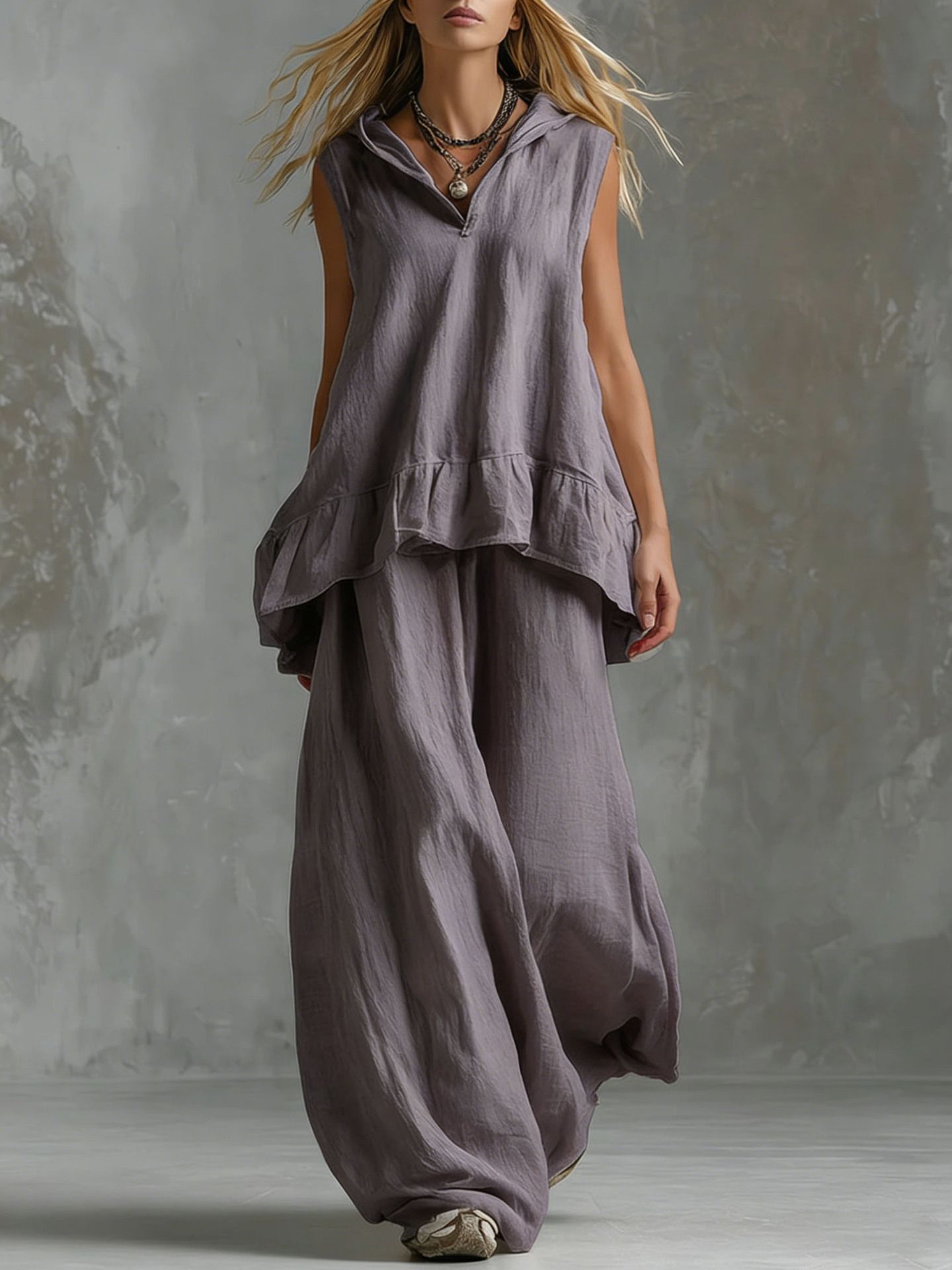 Women's Solid V-Neck Sleeveless Top and Wide-Leg Pants Casual Two-Piece Set