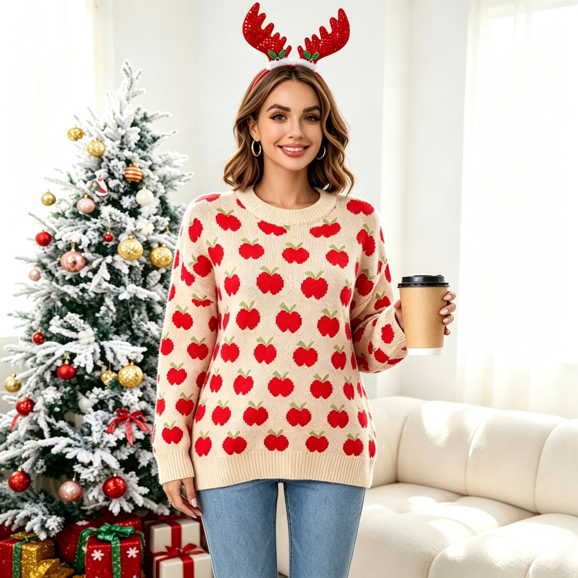 Plus Size Christmas Color-Block Knit Sweater Long Sleeve Pullover