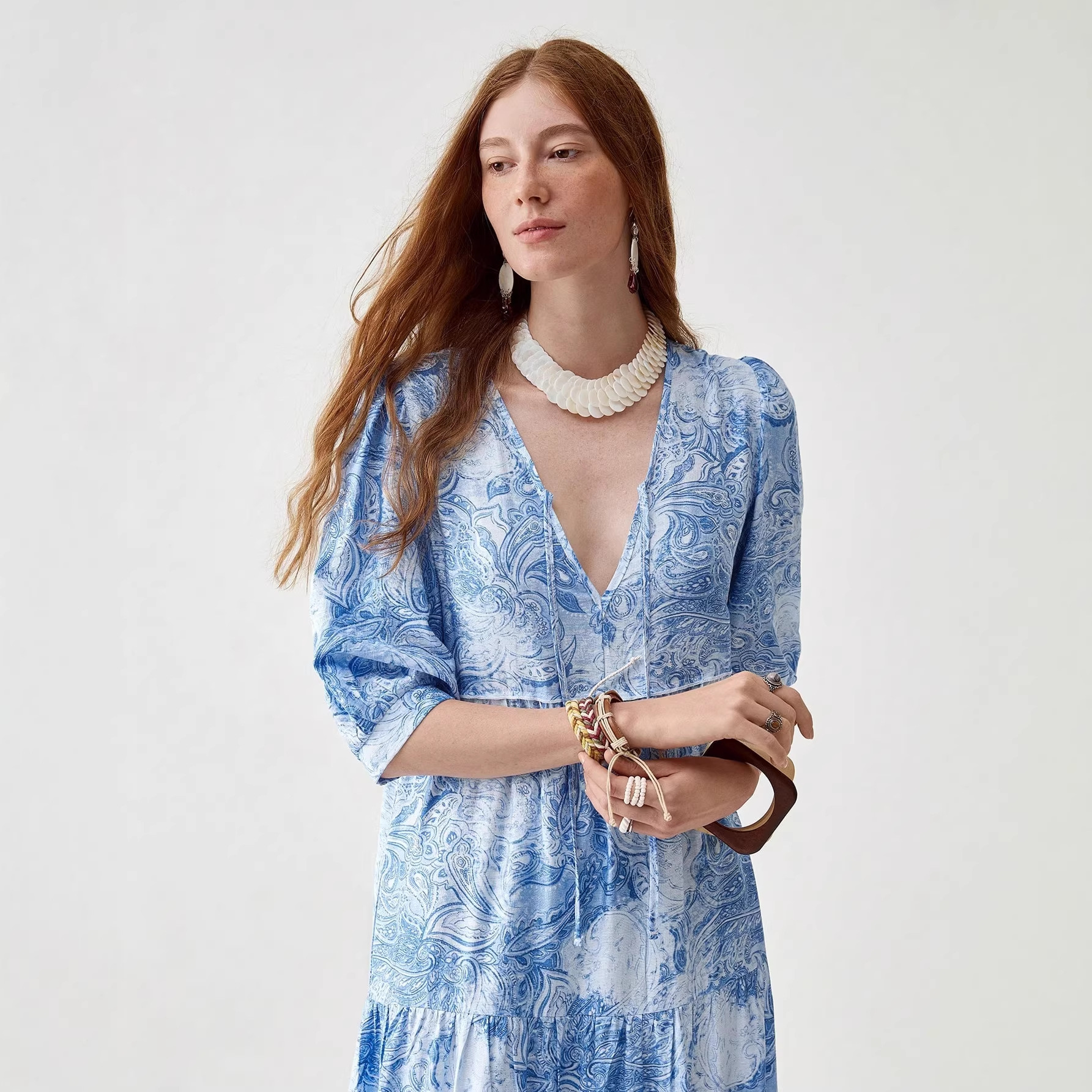 Women's Long Sleeve V-Neck Floral Print Summer Dress