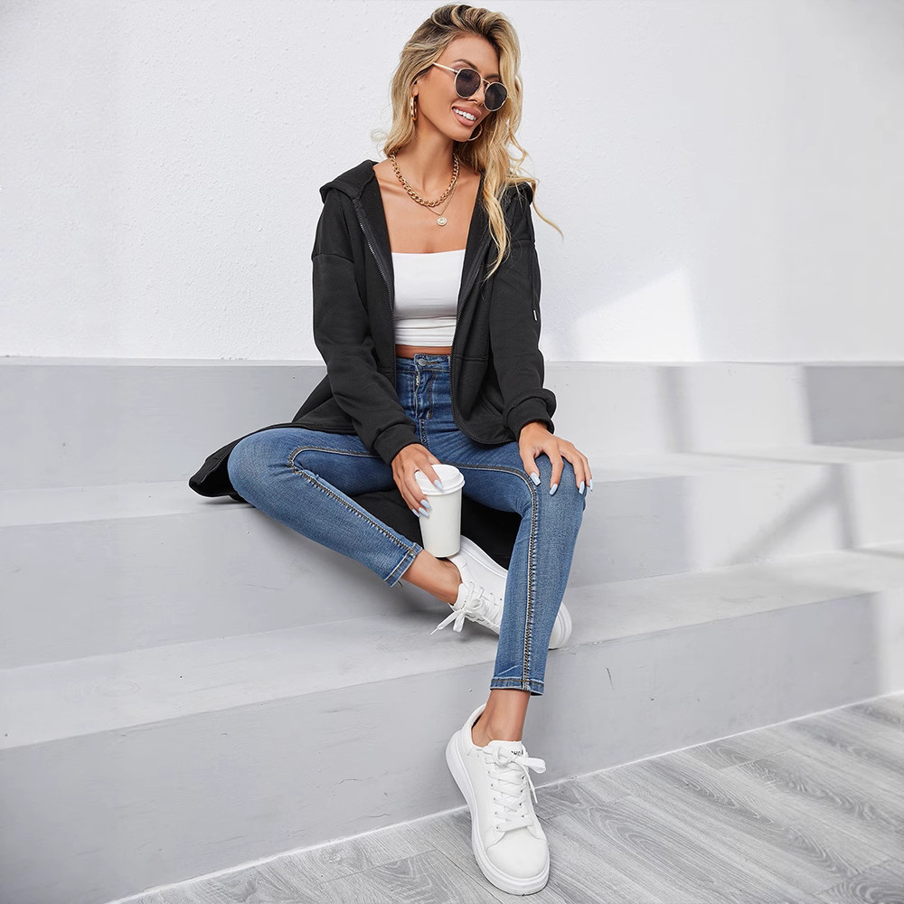 Women's Zip-Up Hooded Cardigan Sweatshirt Jacket with Pockets, Mid-Long Loose Fit