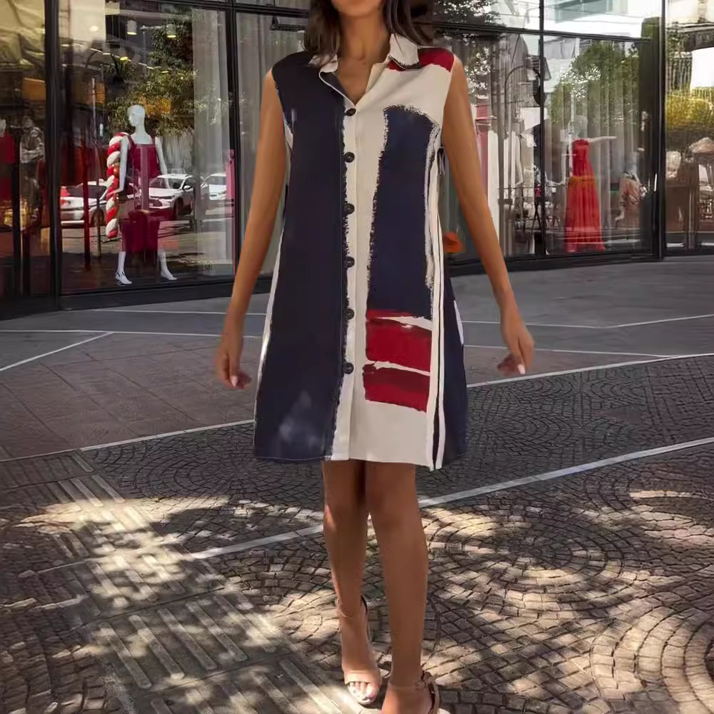 Printed Sleeveless Button-Front Midi Dress