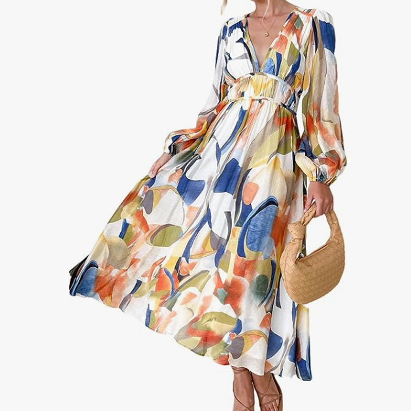 Bohemian Deep V-Neck Floral High-Waist Long-Sleeve Midi Dress