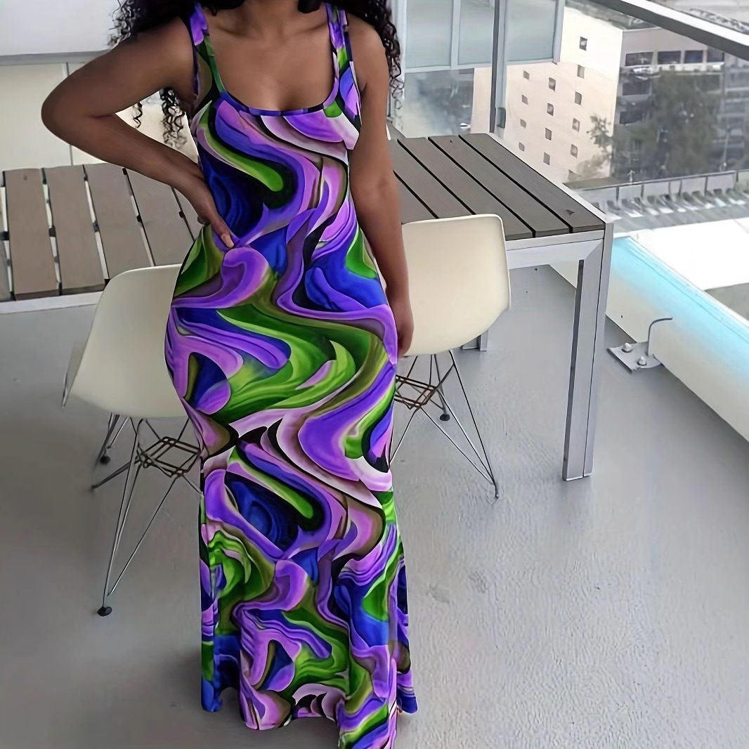 Women's Colorful Wave Print Bodycon Maxi Dress with Deep U-Neck