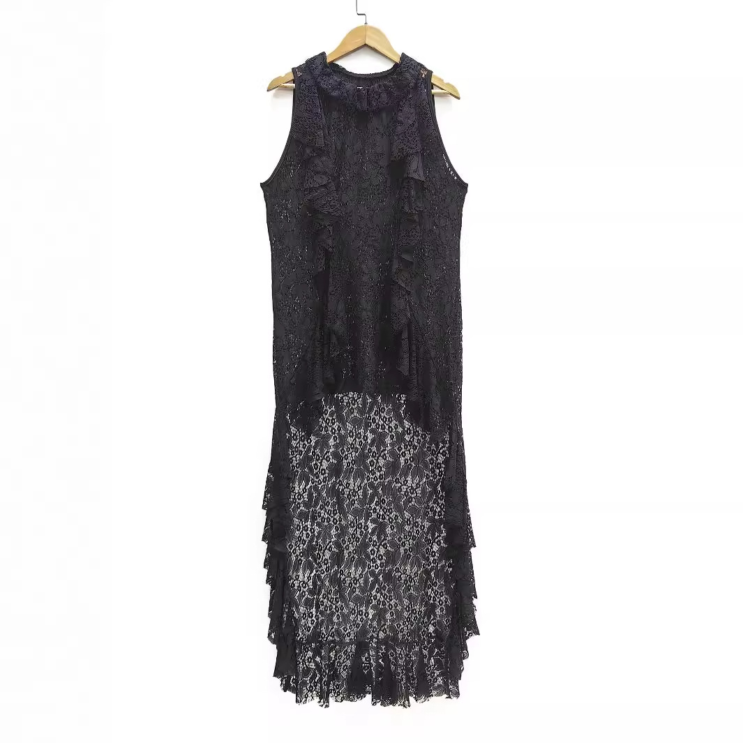 Plus Size Lace Sweep Train Dress Sleeveless Sheer Ruffled Collar Asymmetrical
