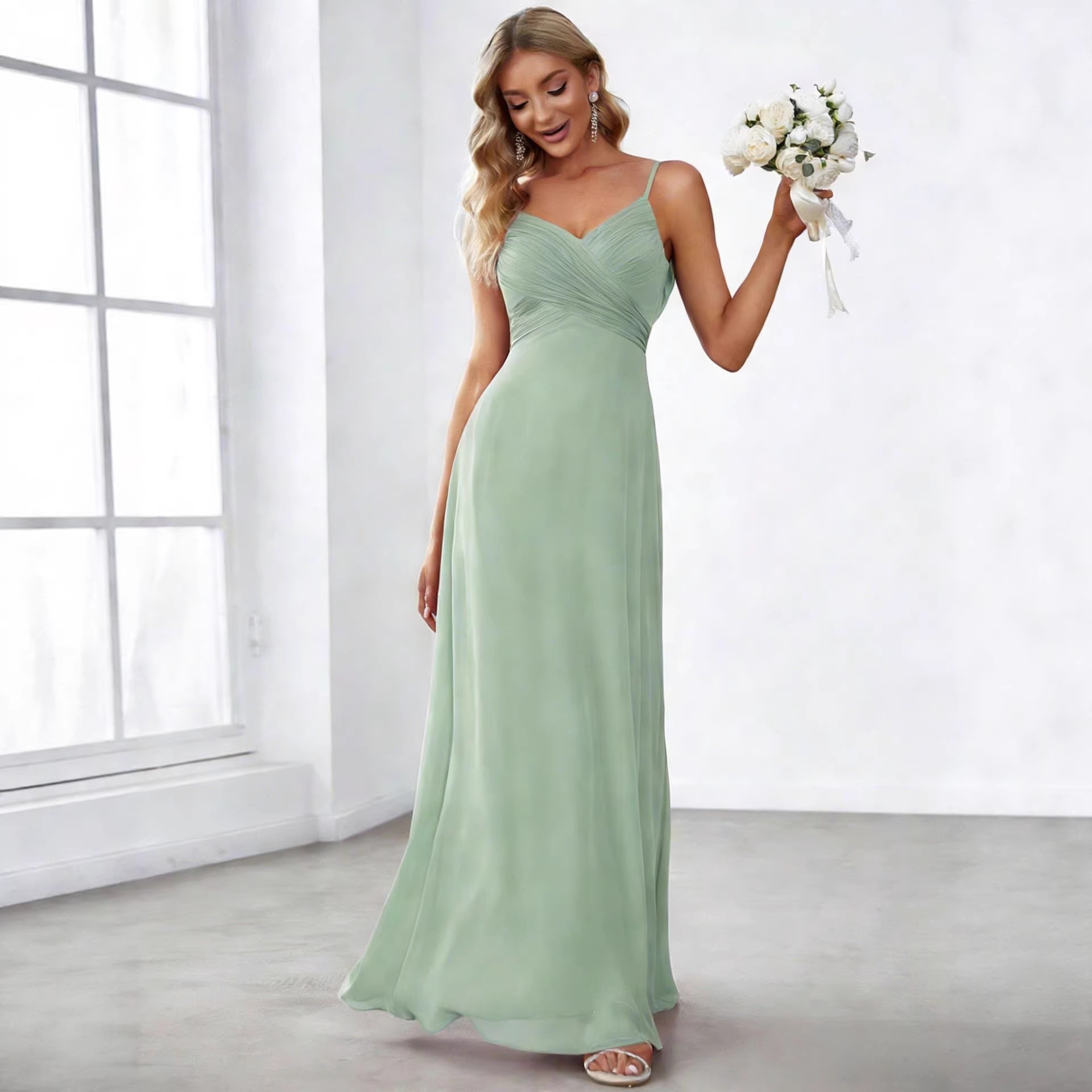 Solid Deep V-Neck Sleeveless Pleated Chiffon Maxi Dress