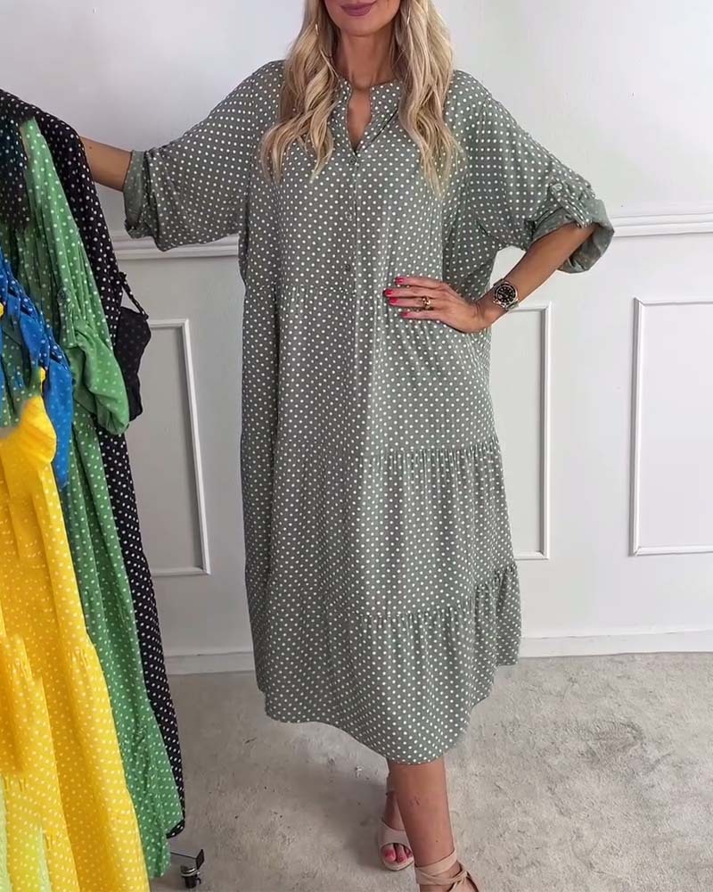 Polka Dot Button Down Loose Dress with Stand Collar
