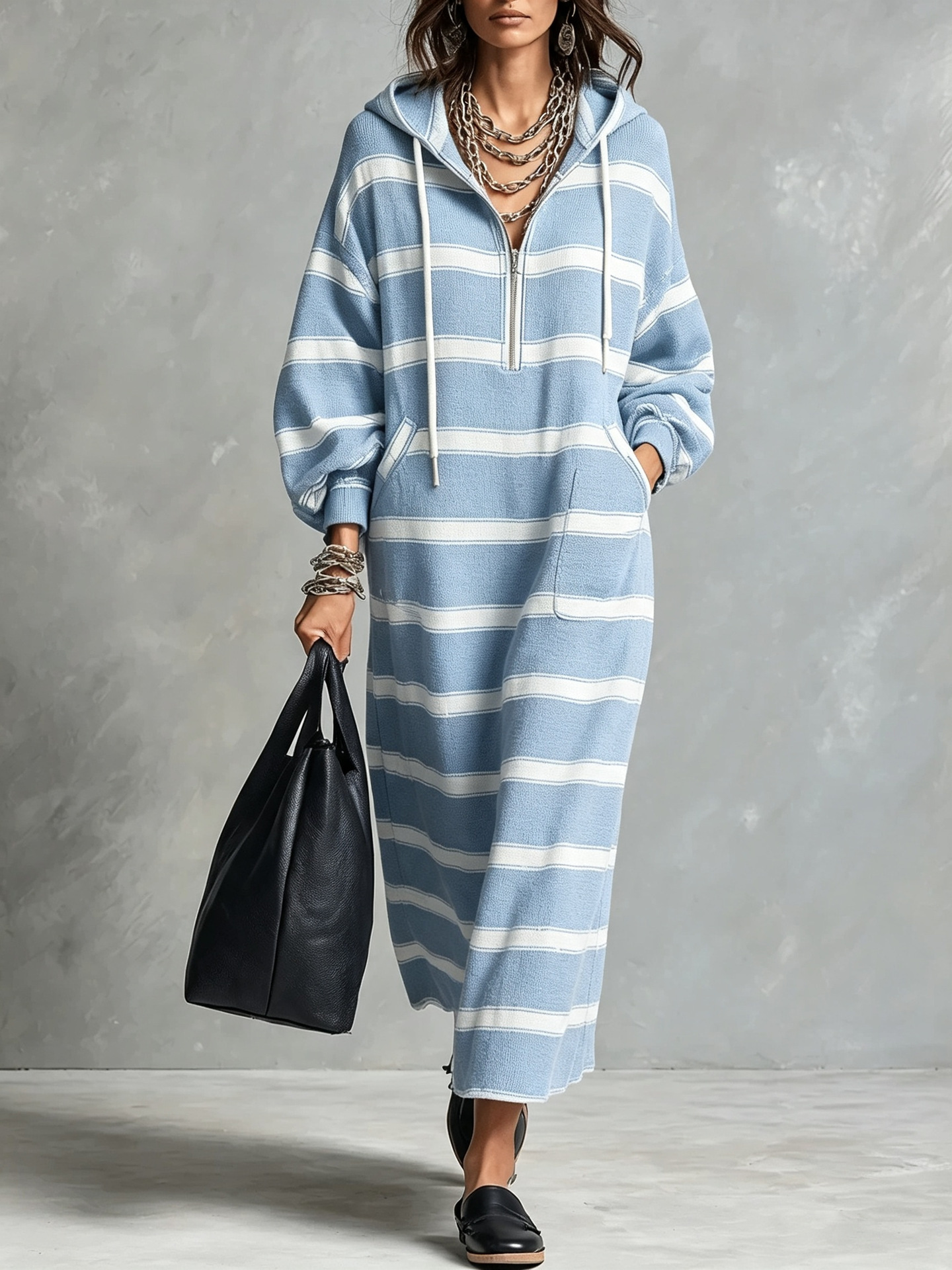 Hooded Half-Zip Loose Plus-Size Print Long Sweatshirt Dress