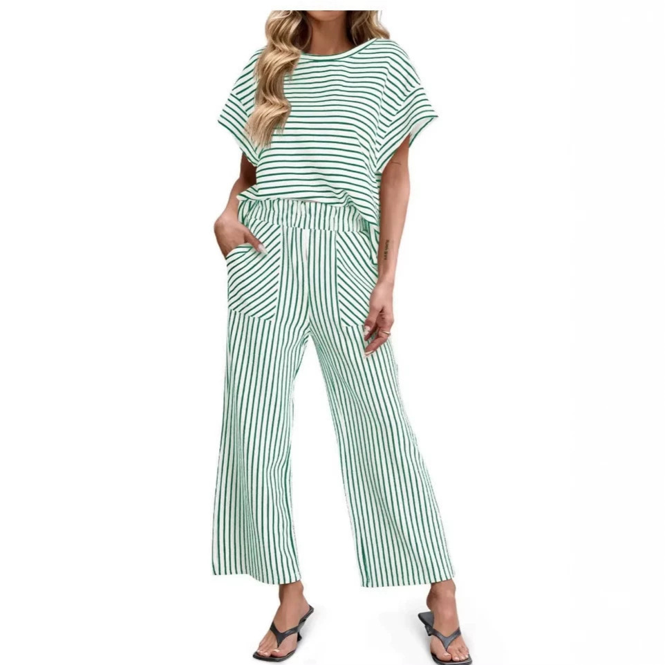Women's Striped Two-Piece Set Short-Sleeve T-Shirt & Wide-Leg Pants with Pockets