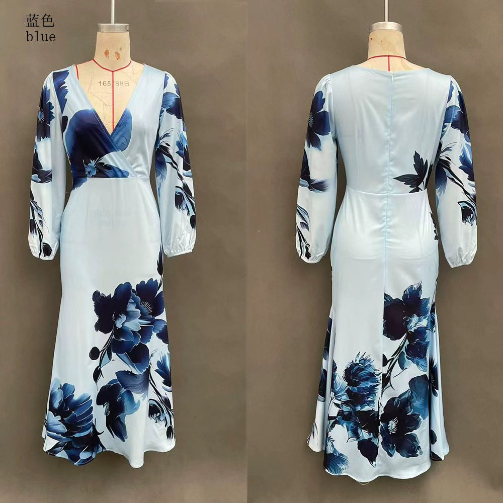 Blue Floral Print Long Sleeve V-Neck Bodycon Maxi Dress
