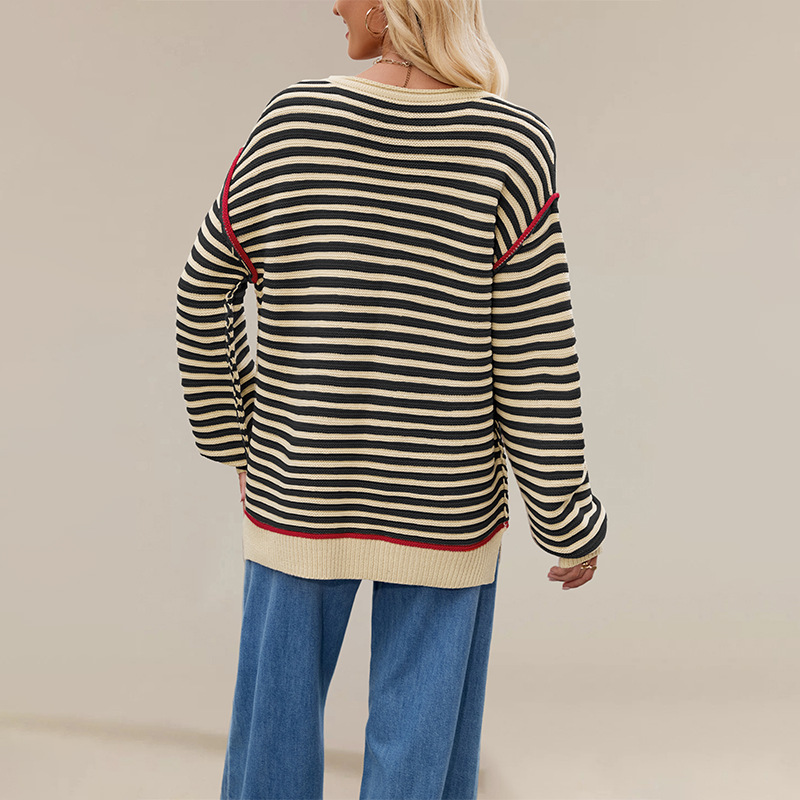 Striped Knit Sweater Crewneck Pullover Loose Long Sleeve
