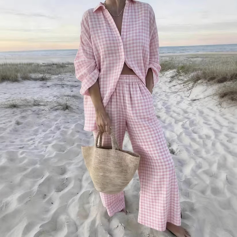 Pink Plaid Two-Piece Shirt and Pants Set Casual Chic