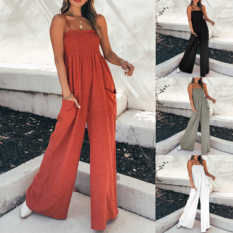 Women's Ruched Bandeau Sleeveless Jumpsuit Solid High Waist