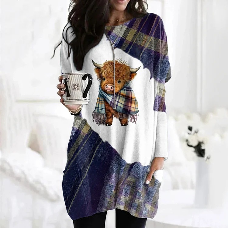 Women's Animal Print A-Line Midi Dress Long Sleeve Crew Neck Casual