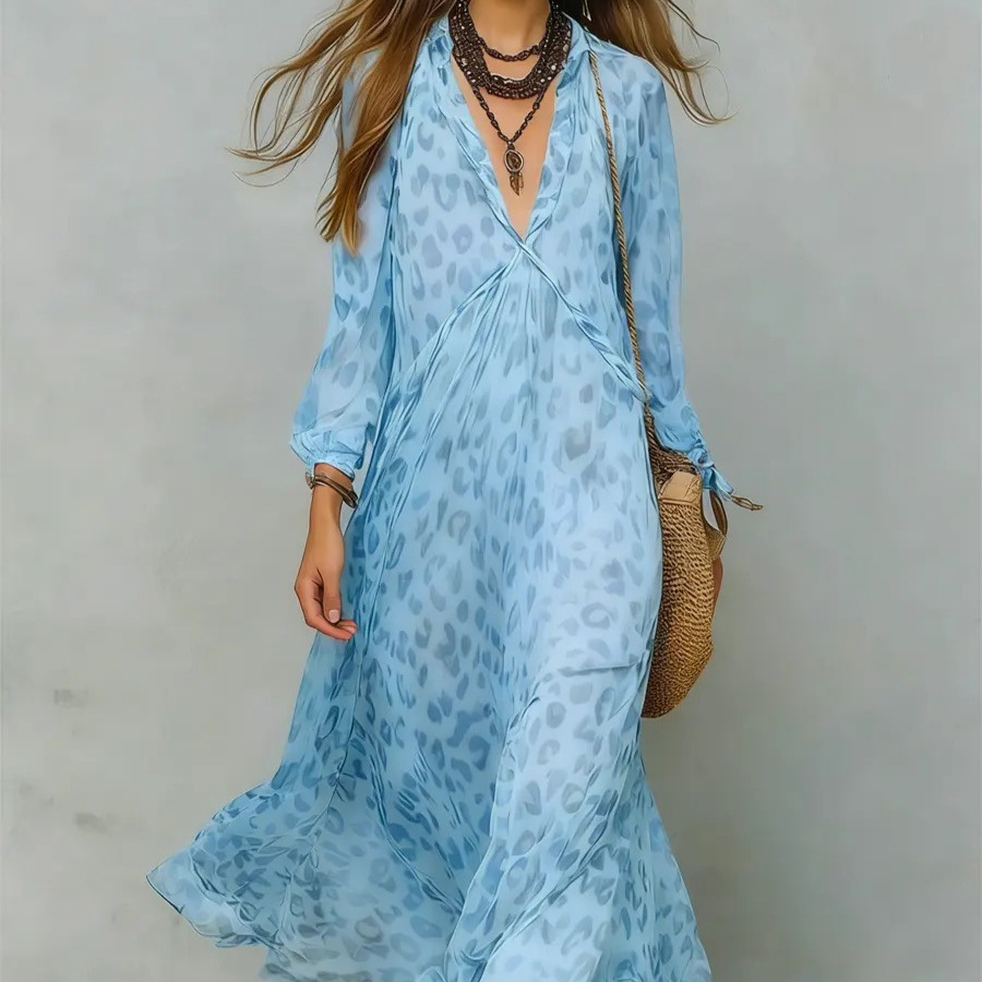 Geometric Print Deep V-Neck Long Sleeve Maxi Dress