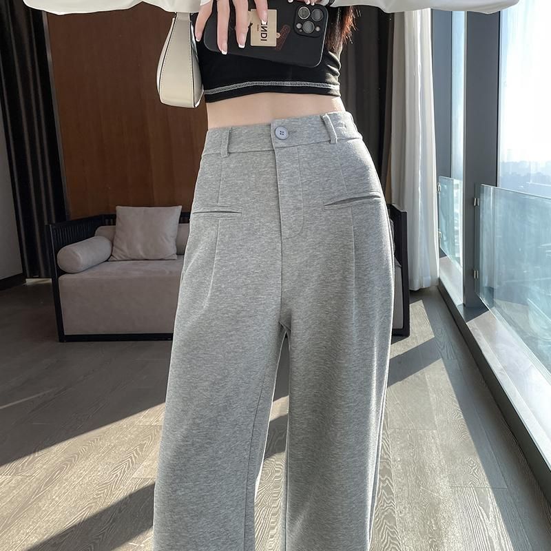 Petite Gray Wide-Leg Straight Pants for Women, Fall/Winter Drapey Slimming Casual