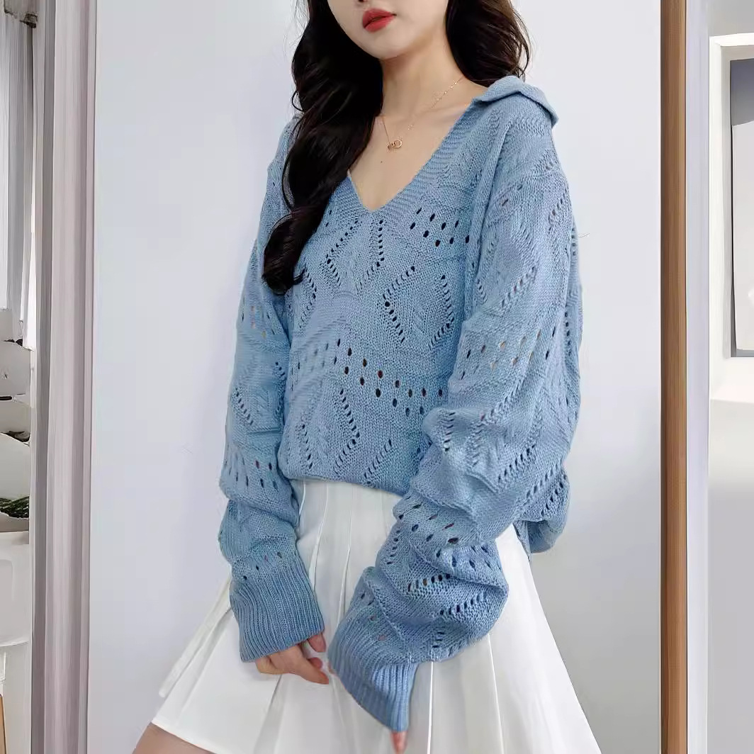Women's Hollow-Out Polo Neck Knit Sweater Long Sleeve Loose Soft Pullover