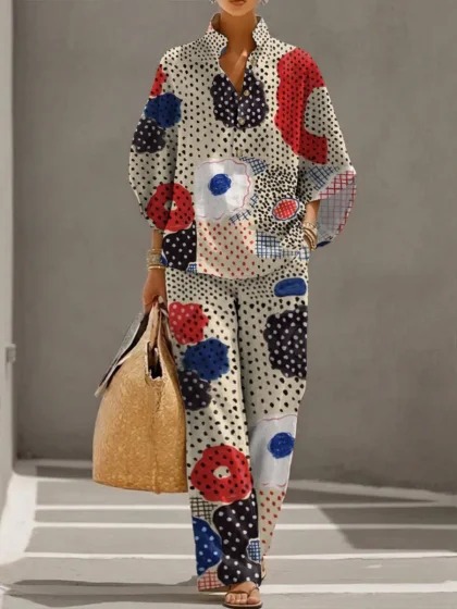 Women's Polka Dot Floral Print Long Sleeve Button-Up Top Set