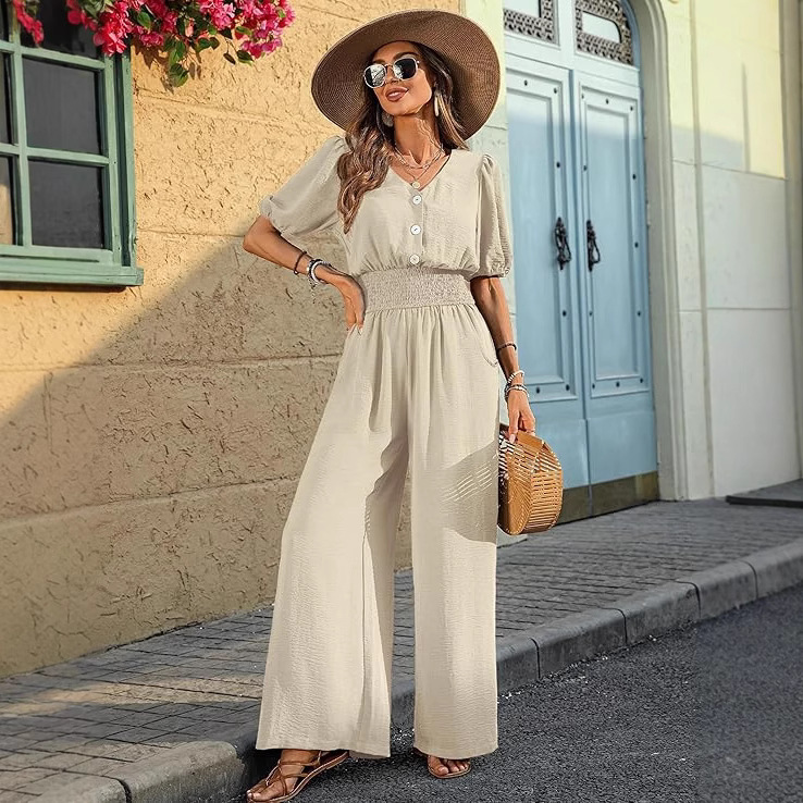 Elegant Short Sleeve Collared Waist-Defined Wide-Leg Jumpsuit