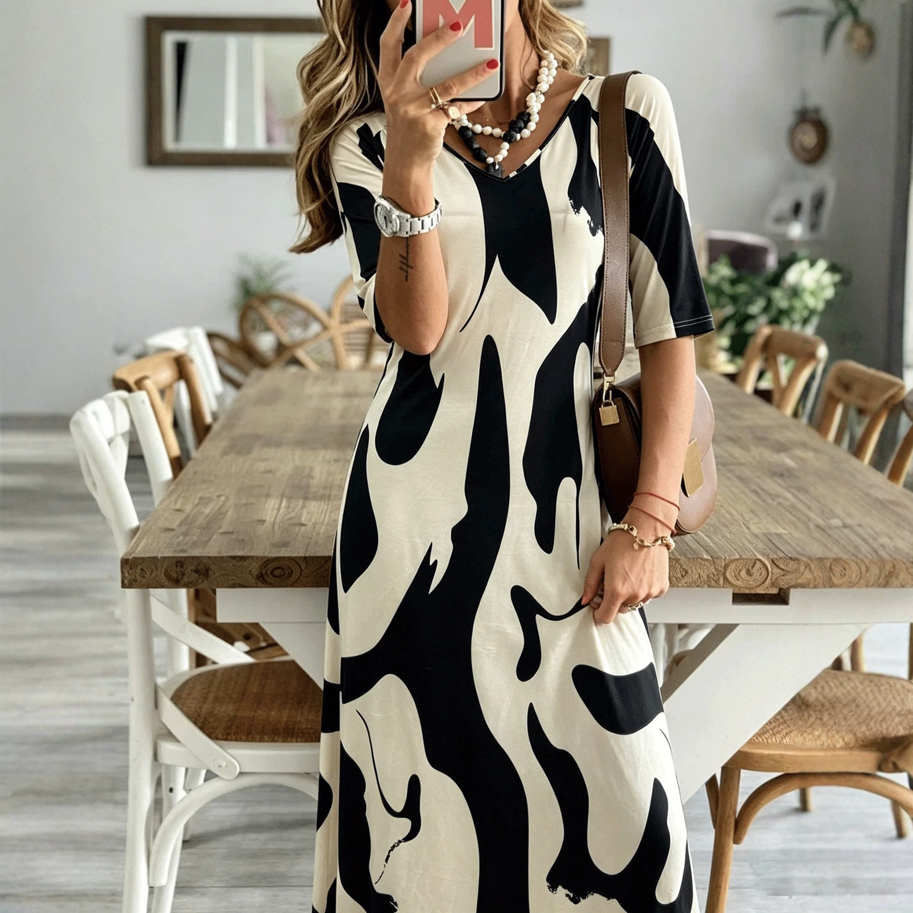 Color-Block Abstract Print V-Neck Half-Sleeve A-Line Midi Dress