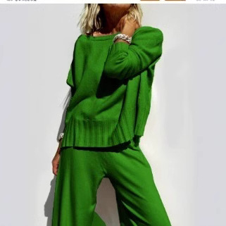 Lazy Style Knit Wide-Leg Pants Set with Pullover Sweater Women's Casual Two-Piece