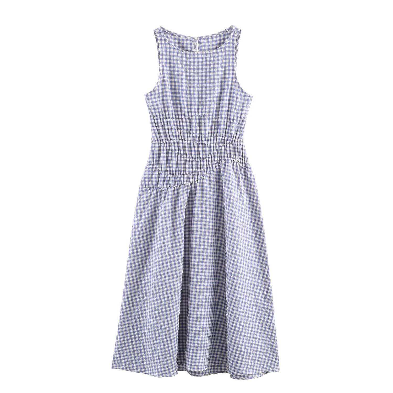 Women's Slim-Fit Plaid Midi Dress Sleeveless U-Neck