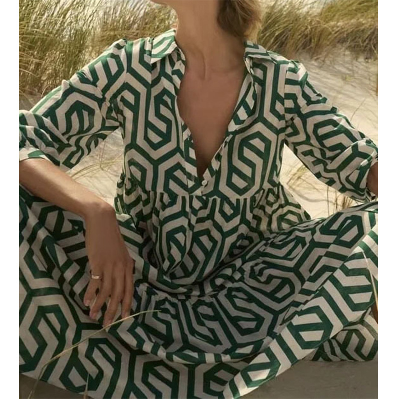 Women's Long Sleeve Polo Collar Green Geometric Print Shirt Dress