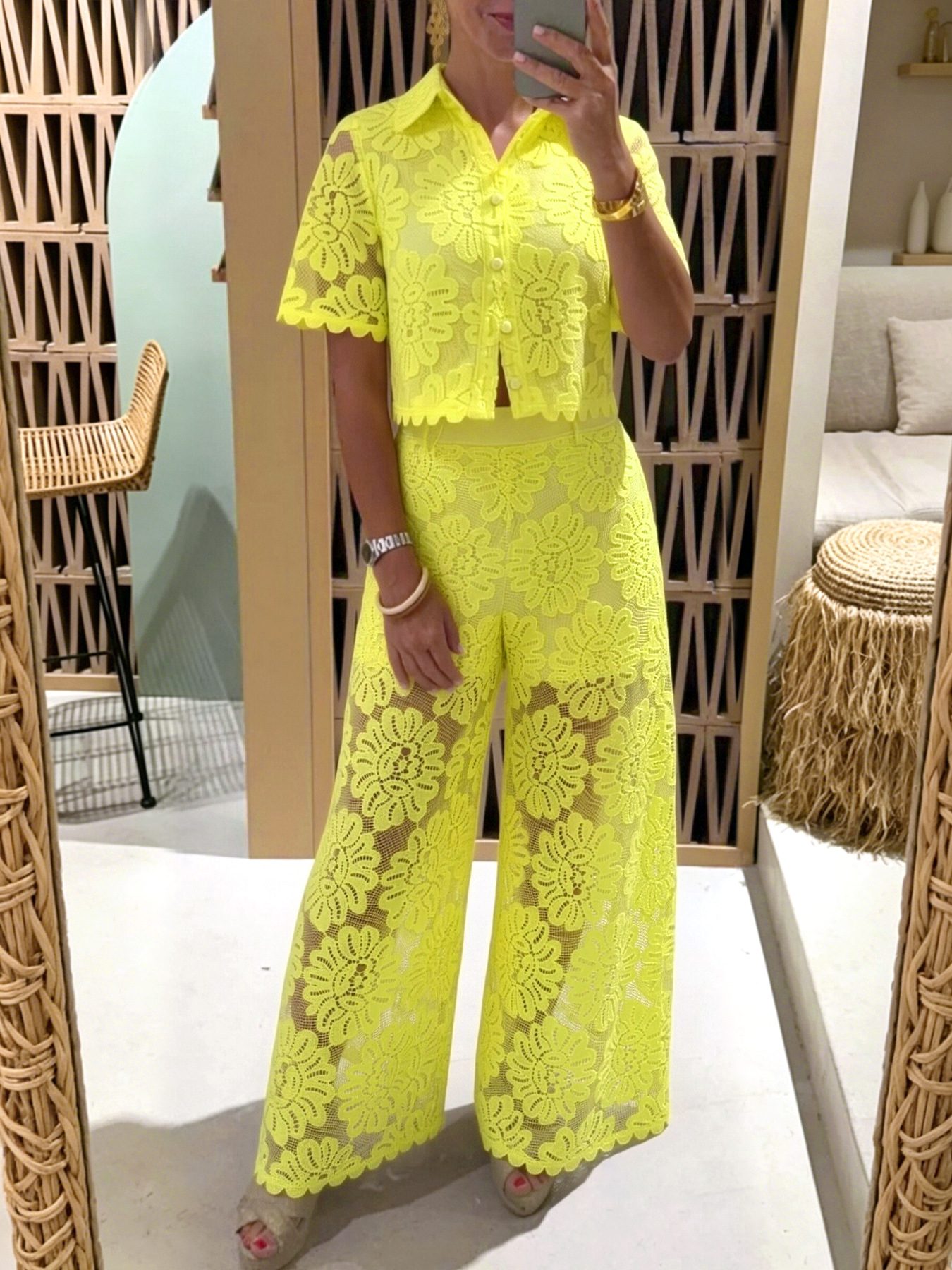 Women's Lace Crochet Short Sleeve Collared High Waist Pants Set