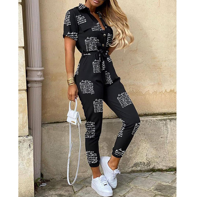 Women's Short Sleeve Button-Front Printed Cargo Jumpsuit