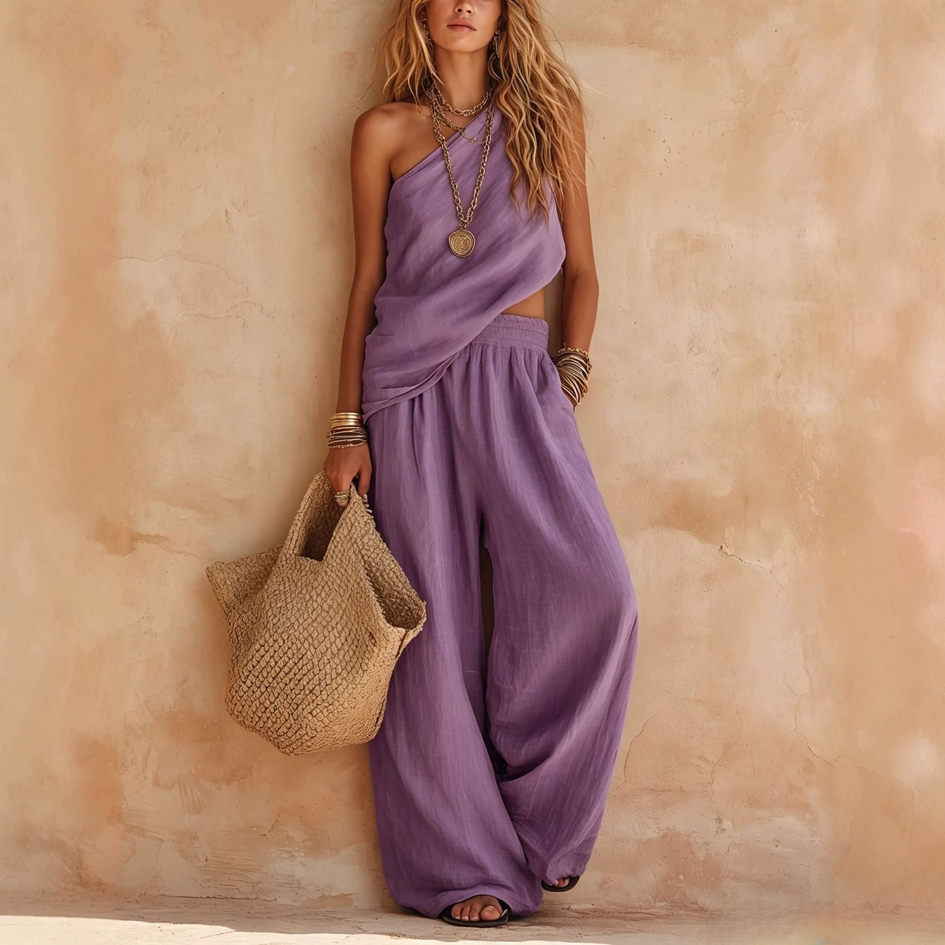 Women's One-Shoulder Cotton-Linen Wide-Leg Two-Piece Set