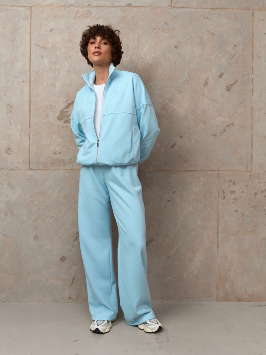 Stand Collar Zip Hoodie & Wide-Leg Sweatpants Set