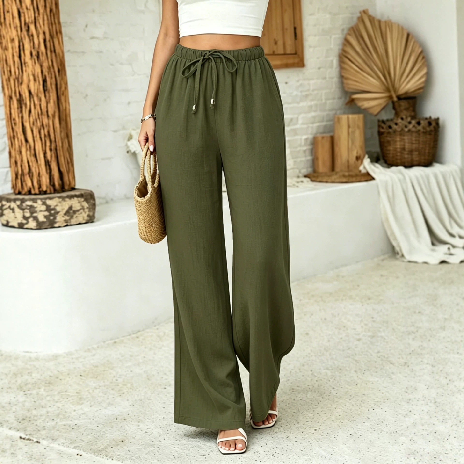 Women's Linen-Blend Drawstring High-Waist Wide-Leg Pants