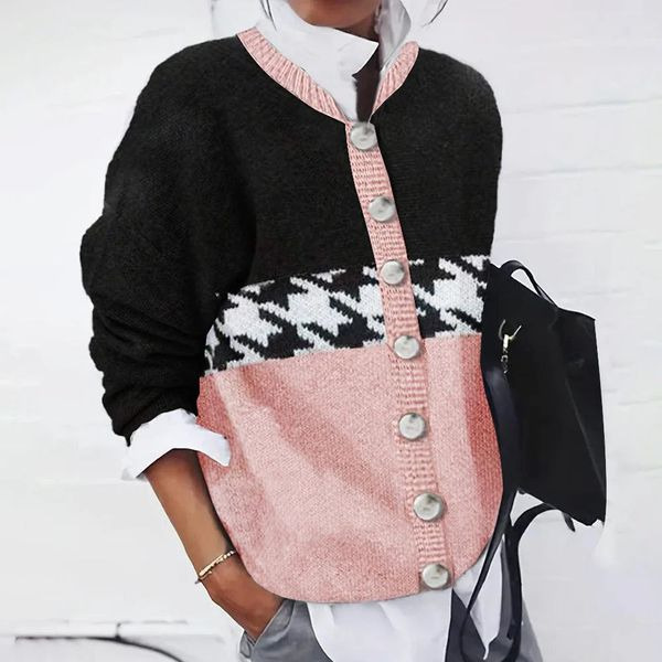 Pattern Print Round Neck Soft Knit Sweater Casual Cardigan