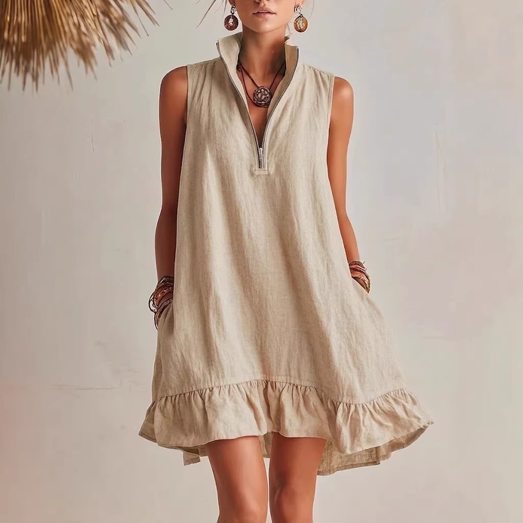 Cotton Linen Solid V-Neck Sleeveless A-Line Dress