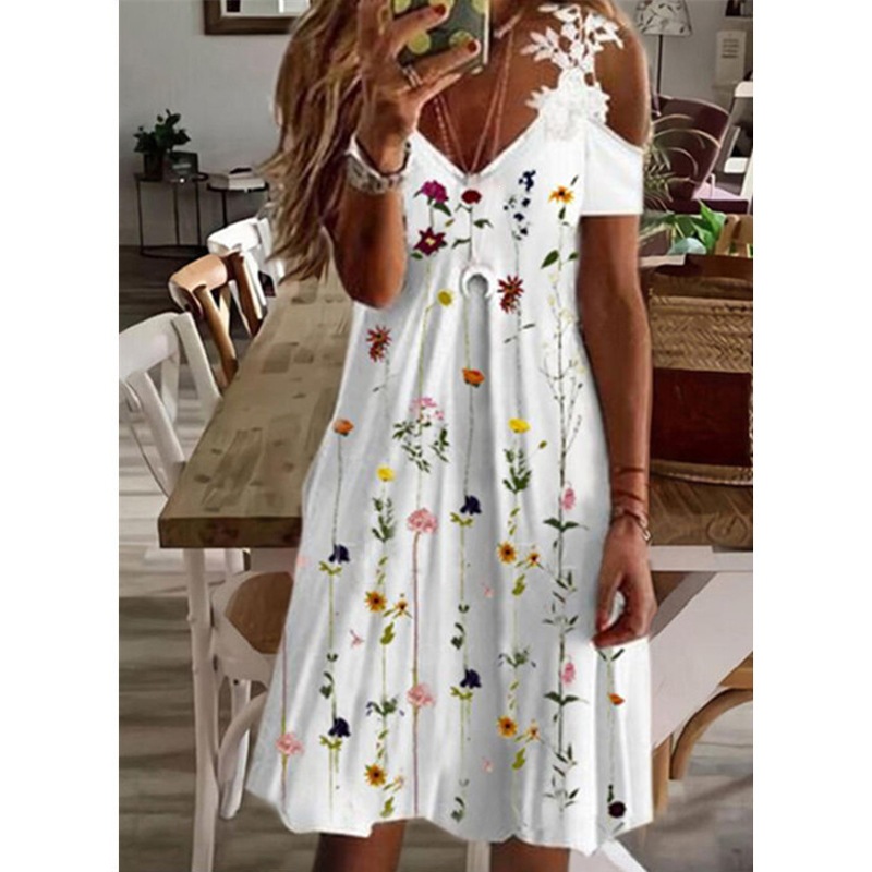 Women's Floral Print Off-Shoulder Lace Short Sleeve Dress