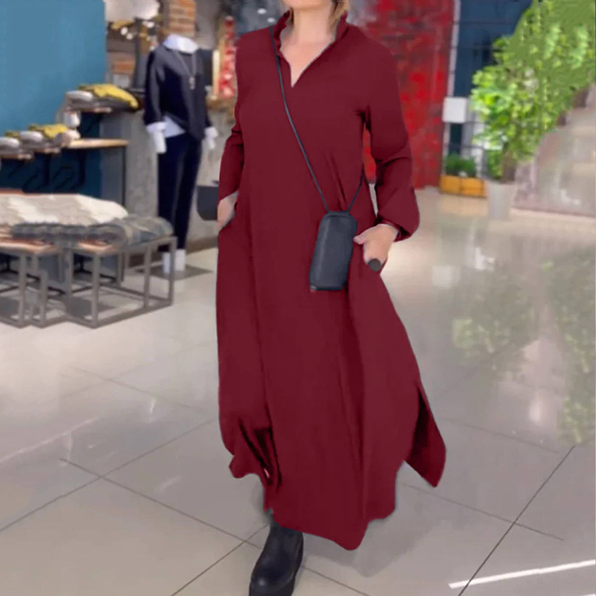 Women's Solid V-Neck Long Sleeve Loose Flowy Maxi Dress