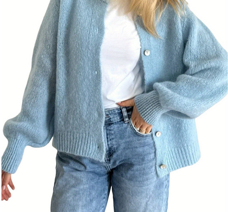 Women's Loose Knit Button-Front Cardigan Sweater Long Sleeve Crew Neck