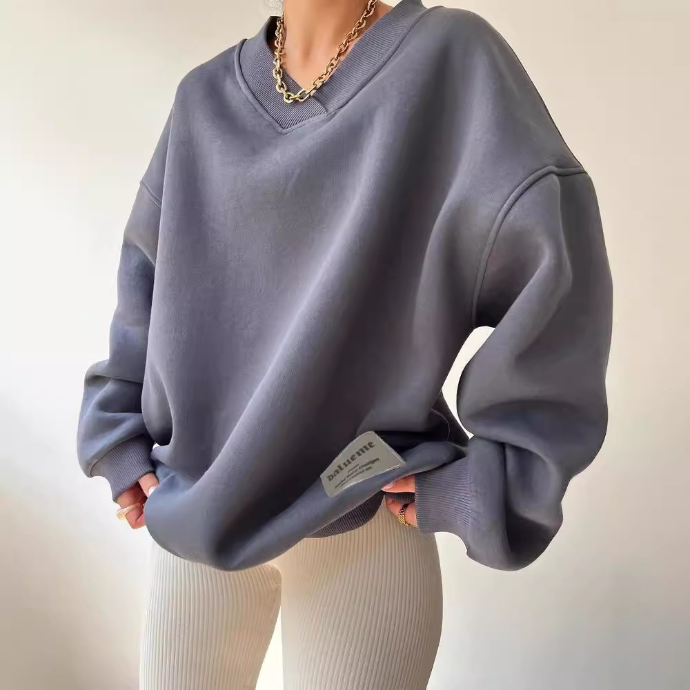 V-Neck Long-Sleeve Loose Graphic Pullover Hoodie for Women