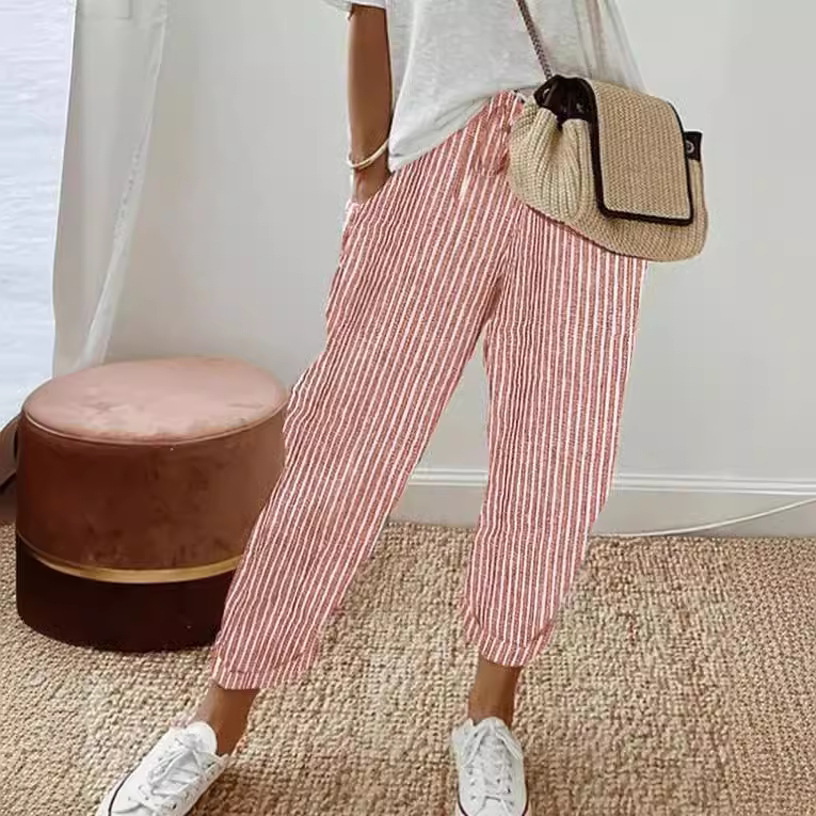 Striped Casual Pants Women Loose Elastic Waist