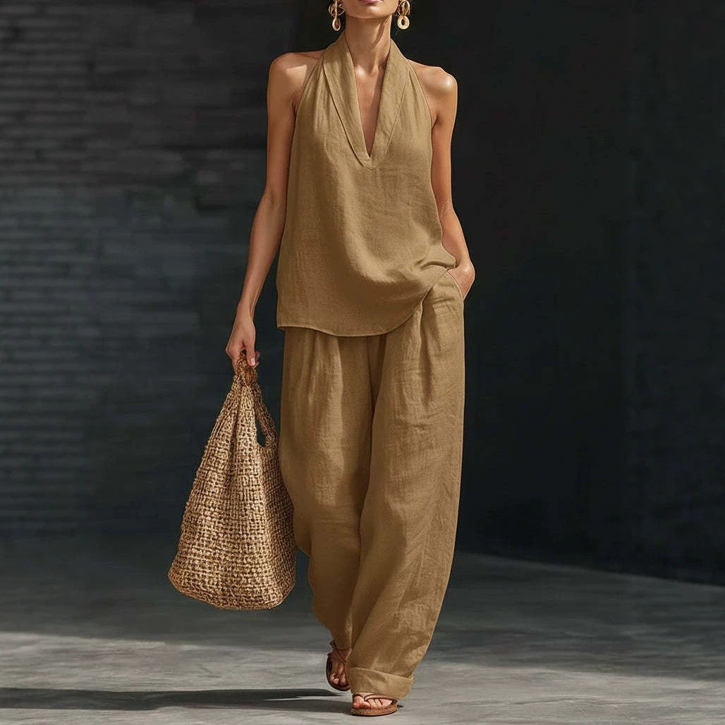 Women's Halter V-Neck Sleeveless Two-Piece Set Casual Solid Color