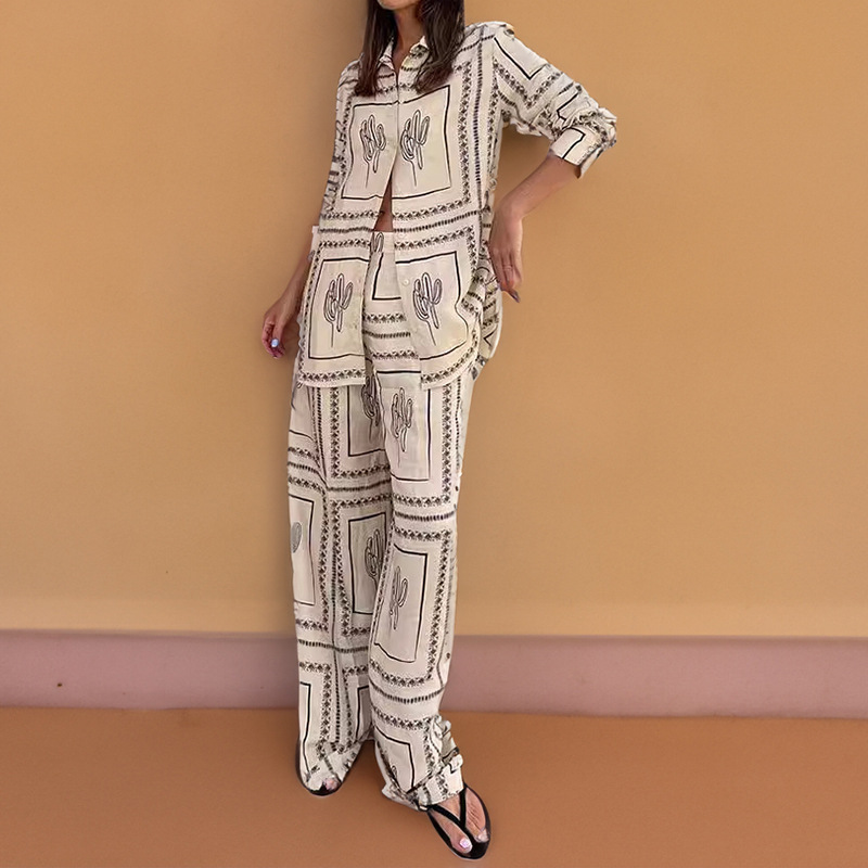 Women's Printed Shirt & Pants Set Casual Commuter Two-Piece Outfit