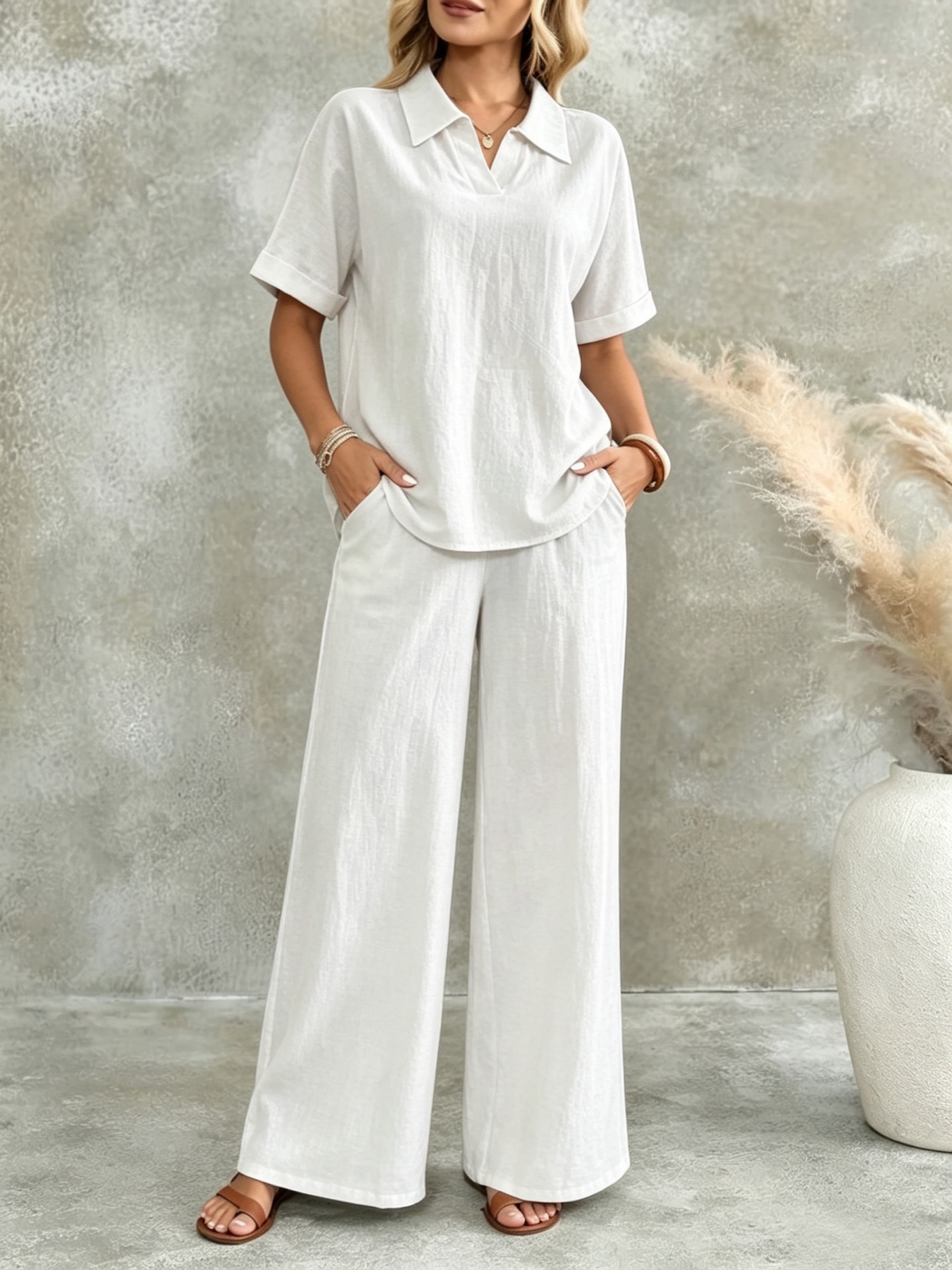 Women's Solid Short-Sleeve Collared Shirt & Wide-Leg Pants Two-Piece Set
