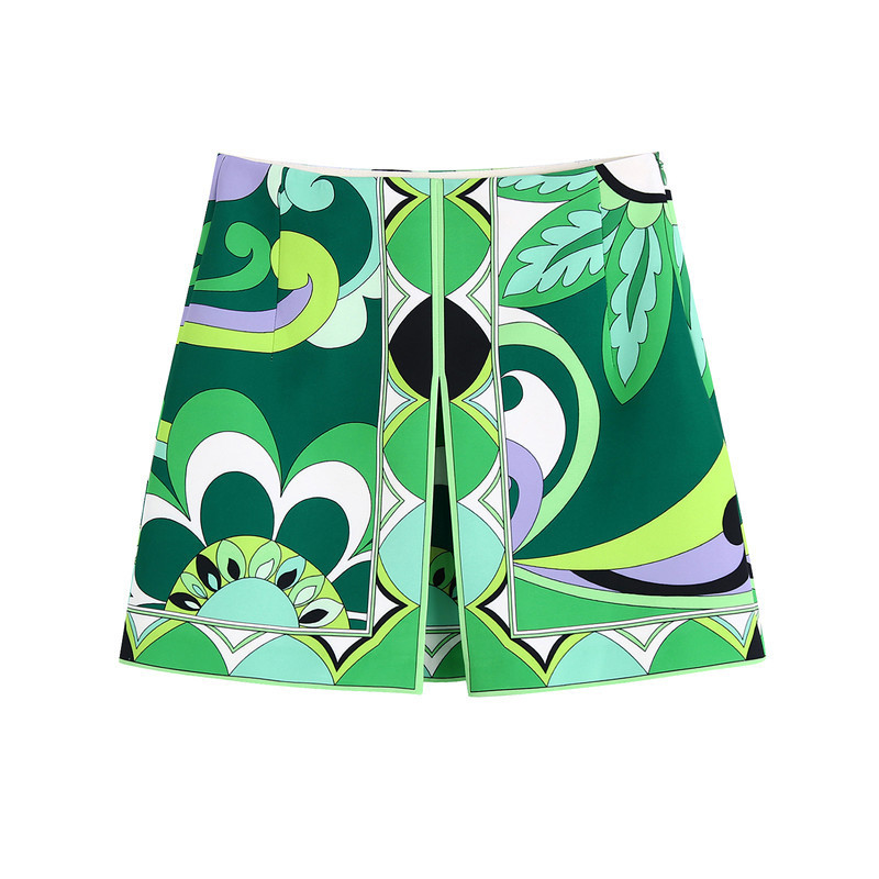 Women's Green Floral Print Long Sleeve Shirt and Skirt Set