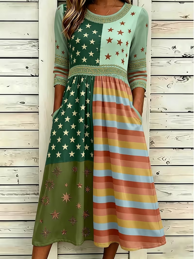 Women's Colorblock Plaid Star Print Ruched Midi Dress