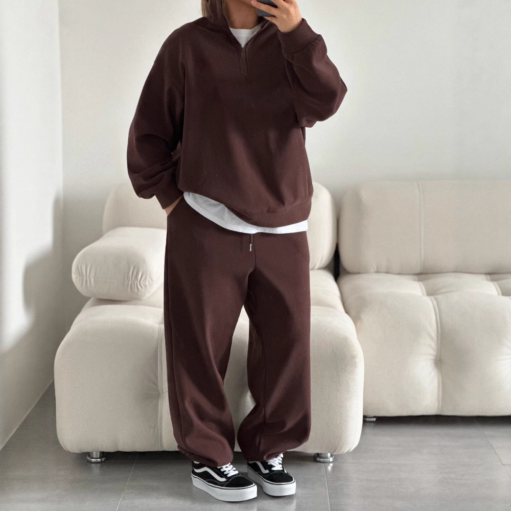 Oversize Half-Open Collar Long-Sleeve Hoodie & Drawstring Sweatpants Set