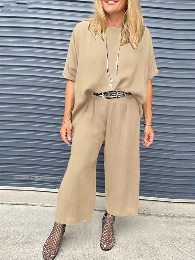 Women's Summer Casual Round Neck Half-Sleeve Top and Wide-Leg Pants Set