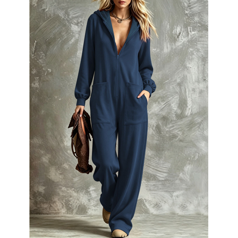 Hooded Full-Zip Loose Straight-Leg Lounge Jumpsuit with Pockets