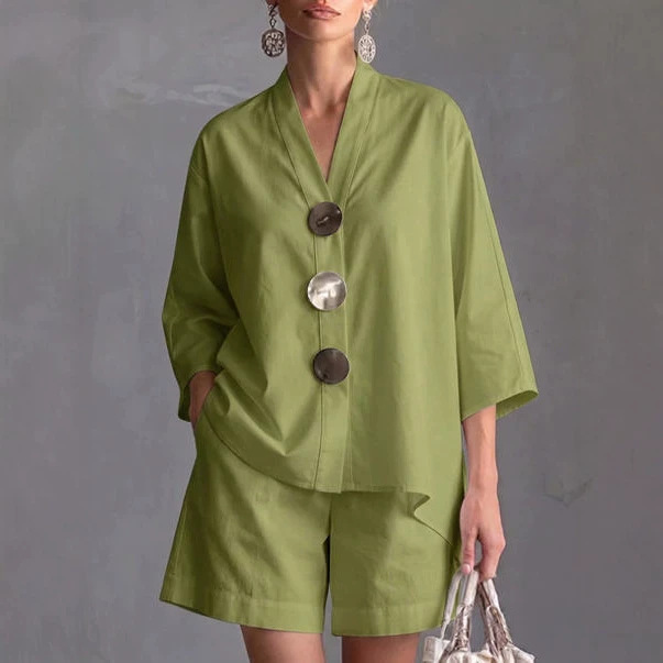 Women's Solid Color 3/4 Sleeve Loose Top High Waist Wide Leg Shorts Set